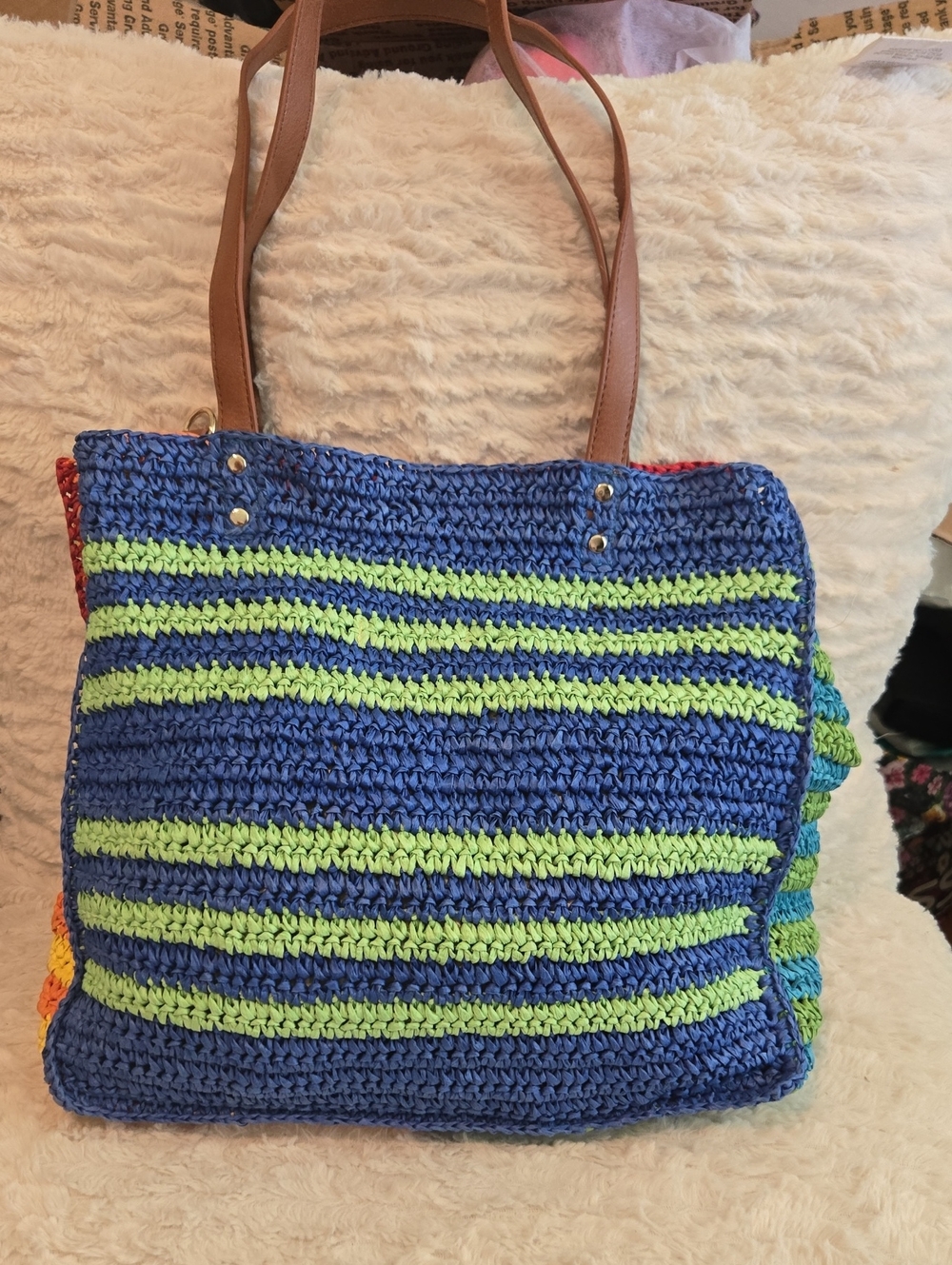 Nordstrom Blue and Lime Crochet Tote with Brown Handles Crossbody Steap EUC